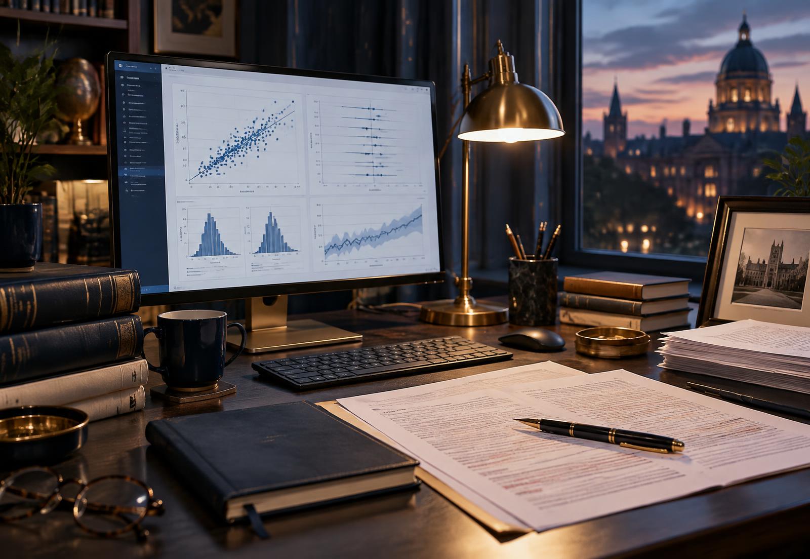 Researcher's desk with statistical charts, manuscript and warm lamp light